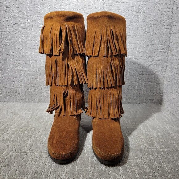 Minnetonka Moccasins 3 Layer Fringe Women's Size 5 Brown Suede Calf High Boots - Picture 2 of 10